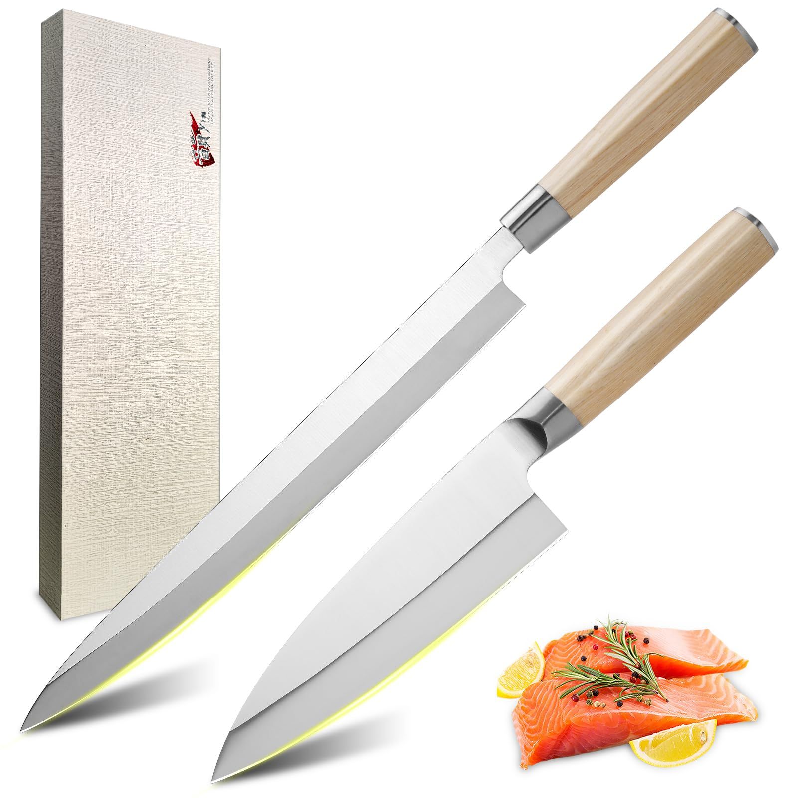☆新品☆包丁セット 韻yin【刺身包丁・出刃包丁】2点セット 高炭素ステンレス製 柳刃包丁 和包丁 片刃 防錆 切れ味長い 木製ハンドル 刺身 和食 魚捌く右利き 家庭向け ギフトボックス付き