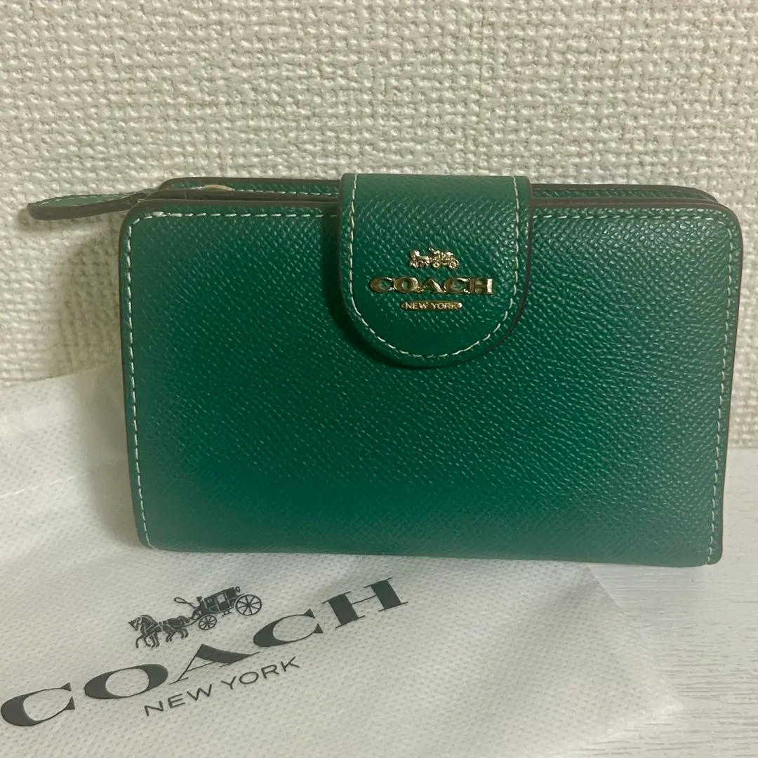 美品 COACH レディース用折りたたみ財布 コーチ　グリーン　ネイビー