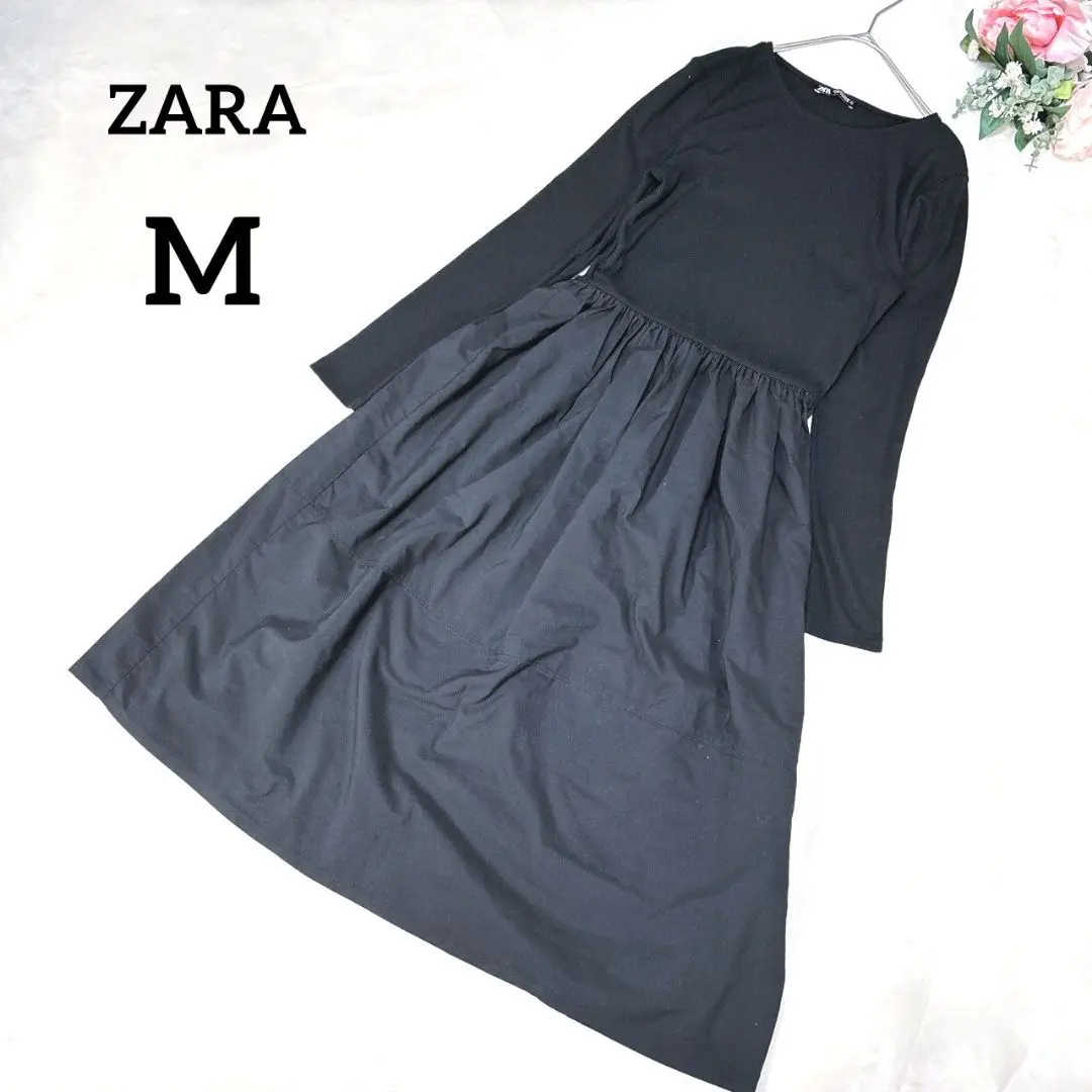 ZARA　ザラ　長袖ワンピース　M　黒　ボートネック　Aライン　シンプル　240