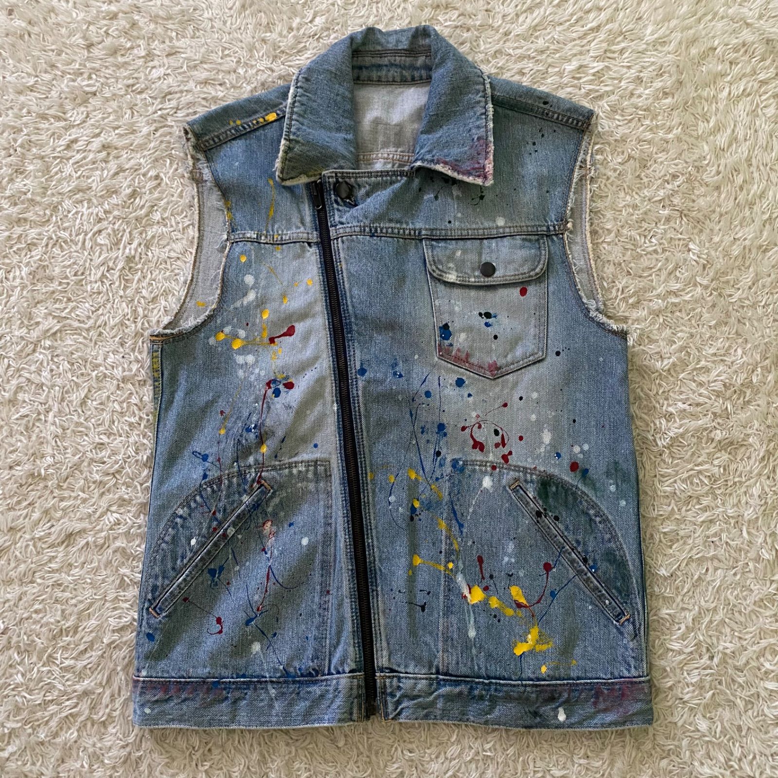 美品！00s NUMBER (N)INE ナンバーナイン ライダースベスト デニムベスト ペンキ　ririジップ　ガンズ期 アーカイブ vintage y2k サイズ2