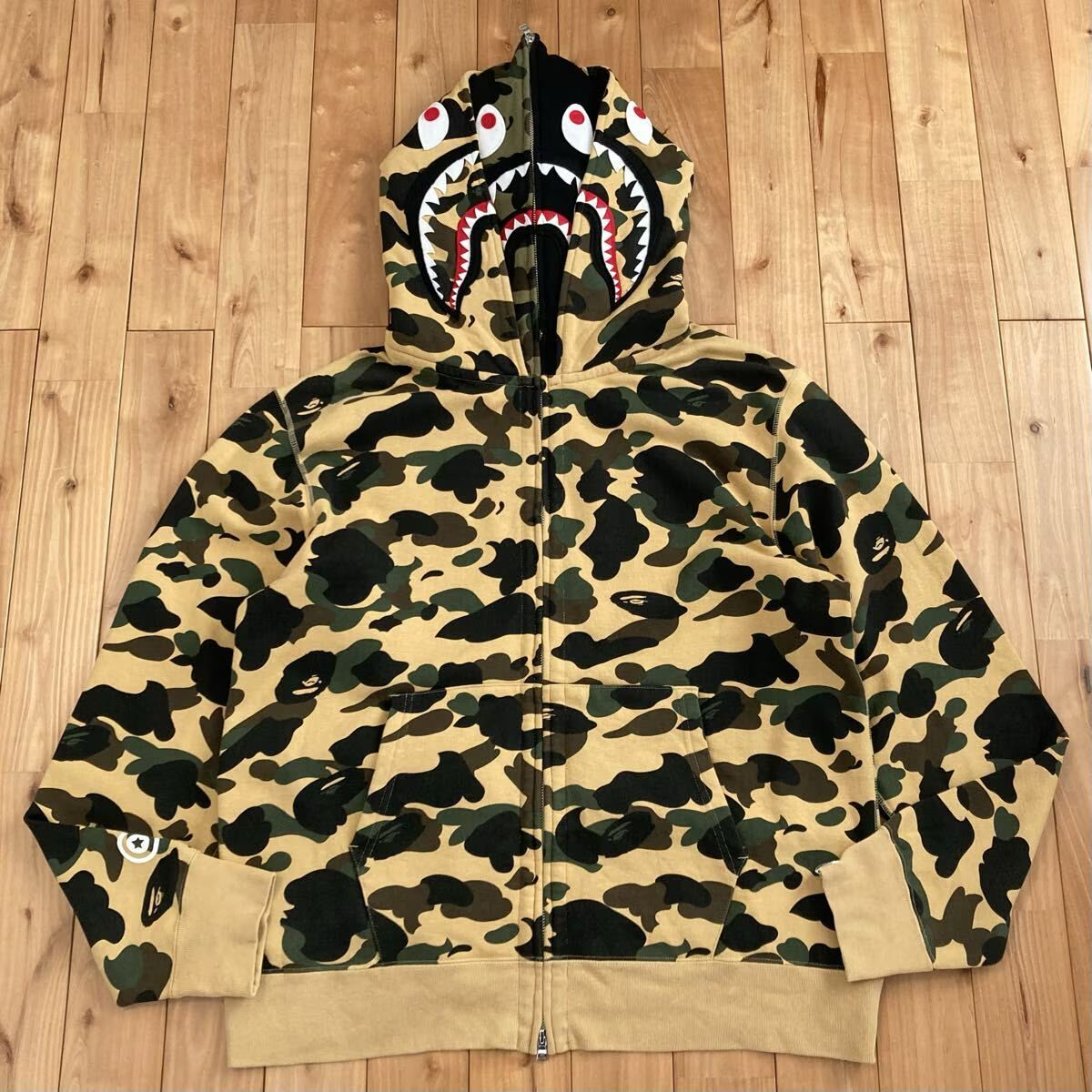 ★2XL★ 1st camo yellow ダブル シャーク パーカー Double shark full zip hoodie a bathing ape BAPE CAMO エイプ ベイプ XXL 迷彩 feyz0