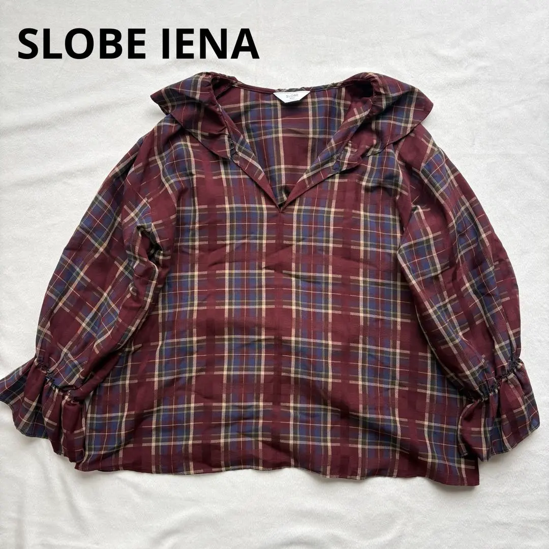 SLOBE IENA ラッフルカラーチェックブラウス フリル Vネック ボルドー