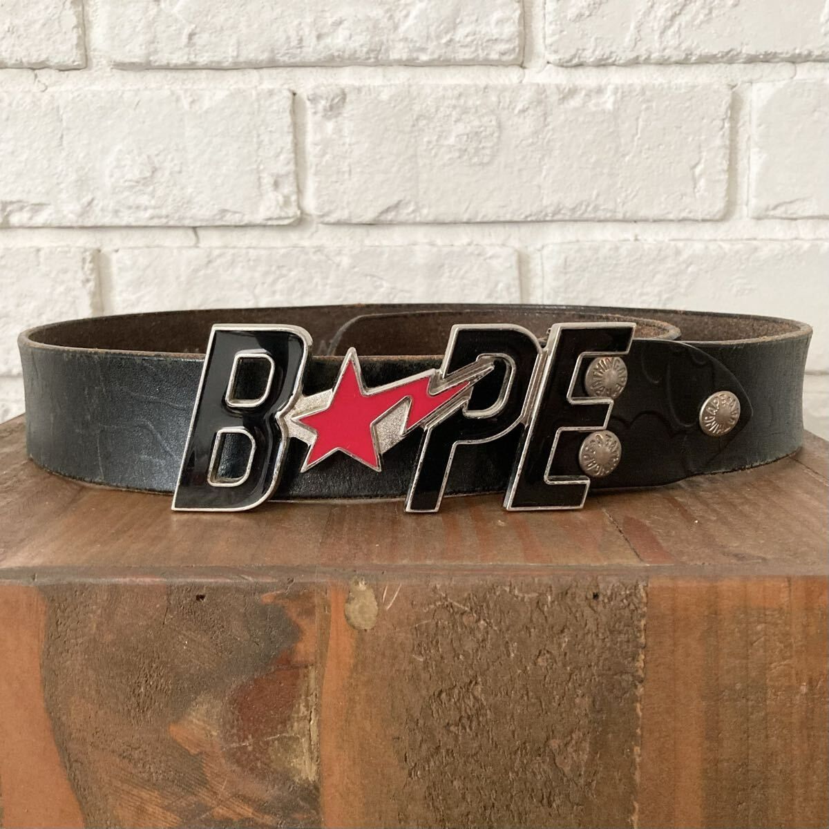BAPE STA 型押し レザー ベルト Mサイズ ブラック a bathing ape star leather belt エイプ ベイプ アベイシングエイプ BAPESTA NIGO y4