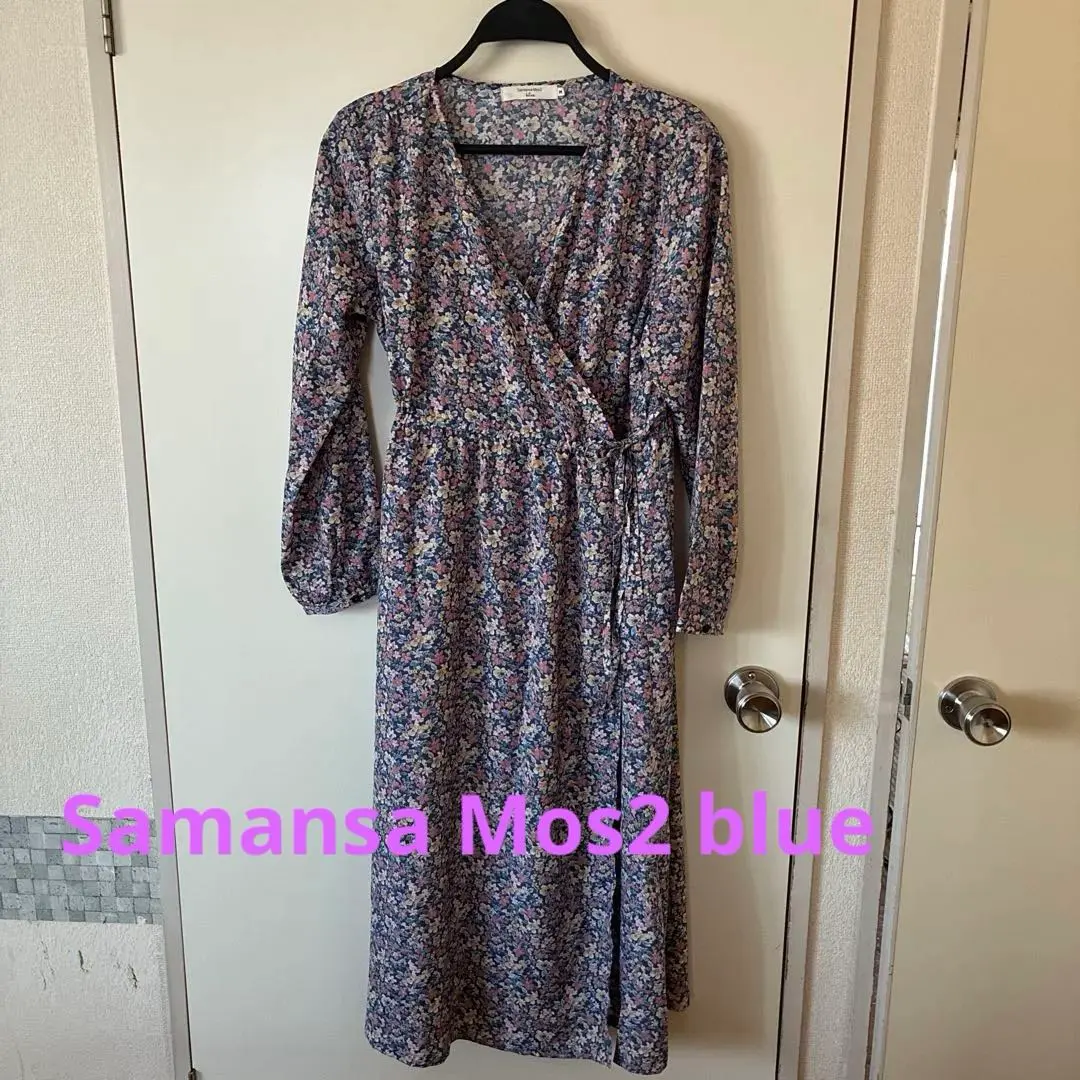 Samansa Mos2 blue 花柄 カシュクールワンピース M