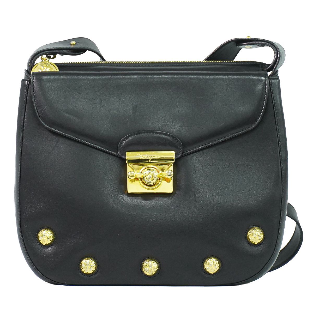 本物 サルヴァトーレ フェラガモ Salvatore Ferragamo レザー ショルダーバッグ ポシェット ブラック バッグ 中古・