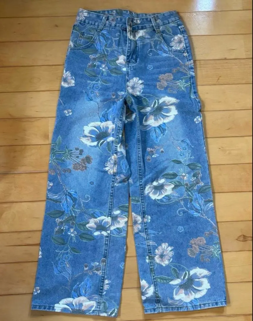 デニムパンツ ワイド プリント花柄ジーンズ