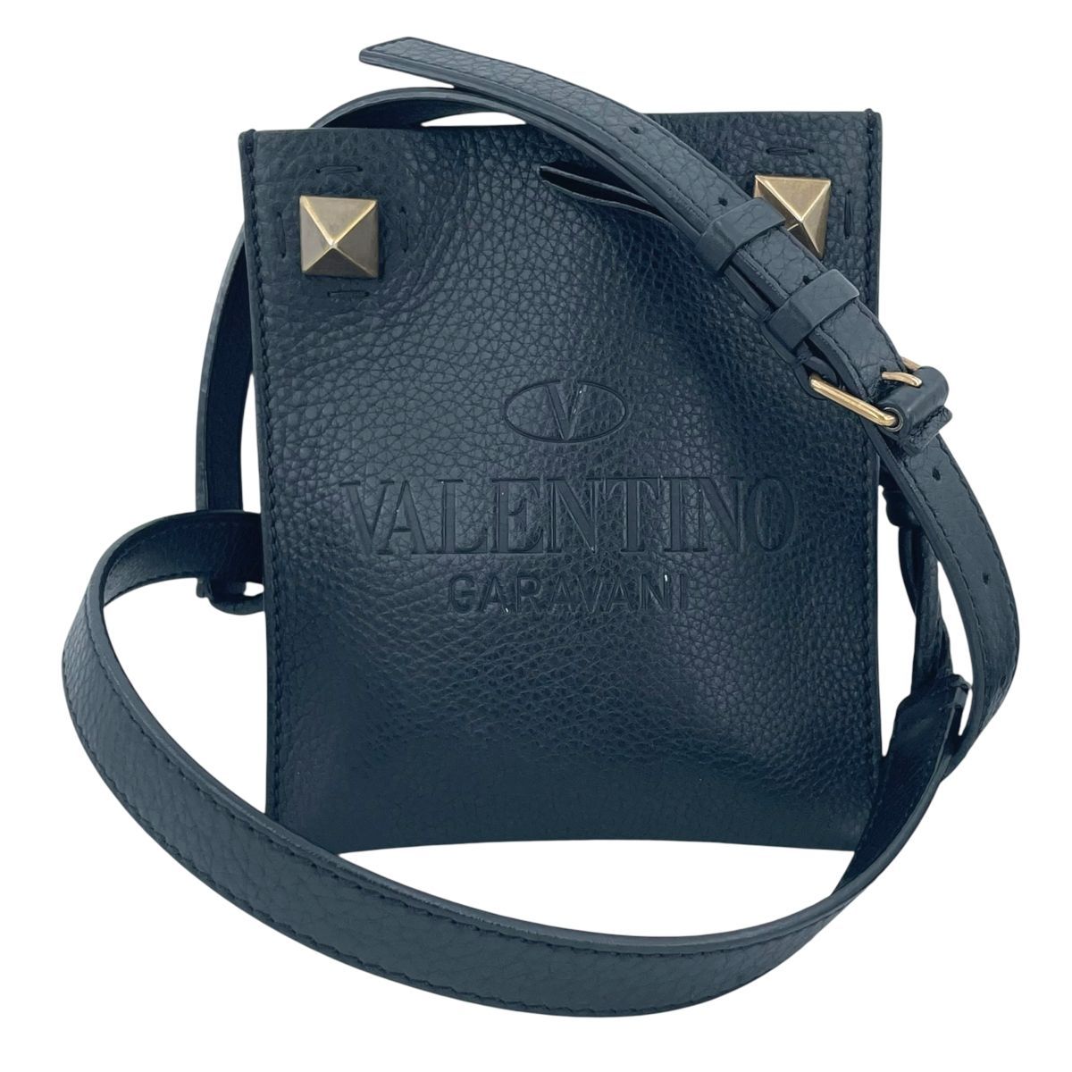 【中古】 VALENTINO ヴァレンティノ ロックスタッズ ミニポーチ 黒 ブラック GP金具 レザー ショルダーバッグ レディース 26006090 HO