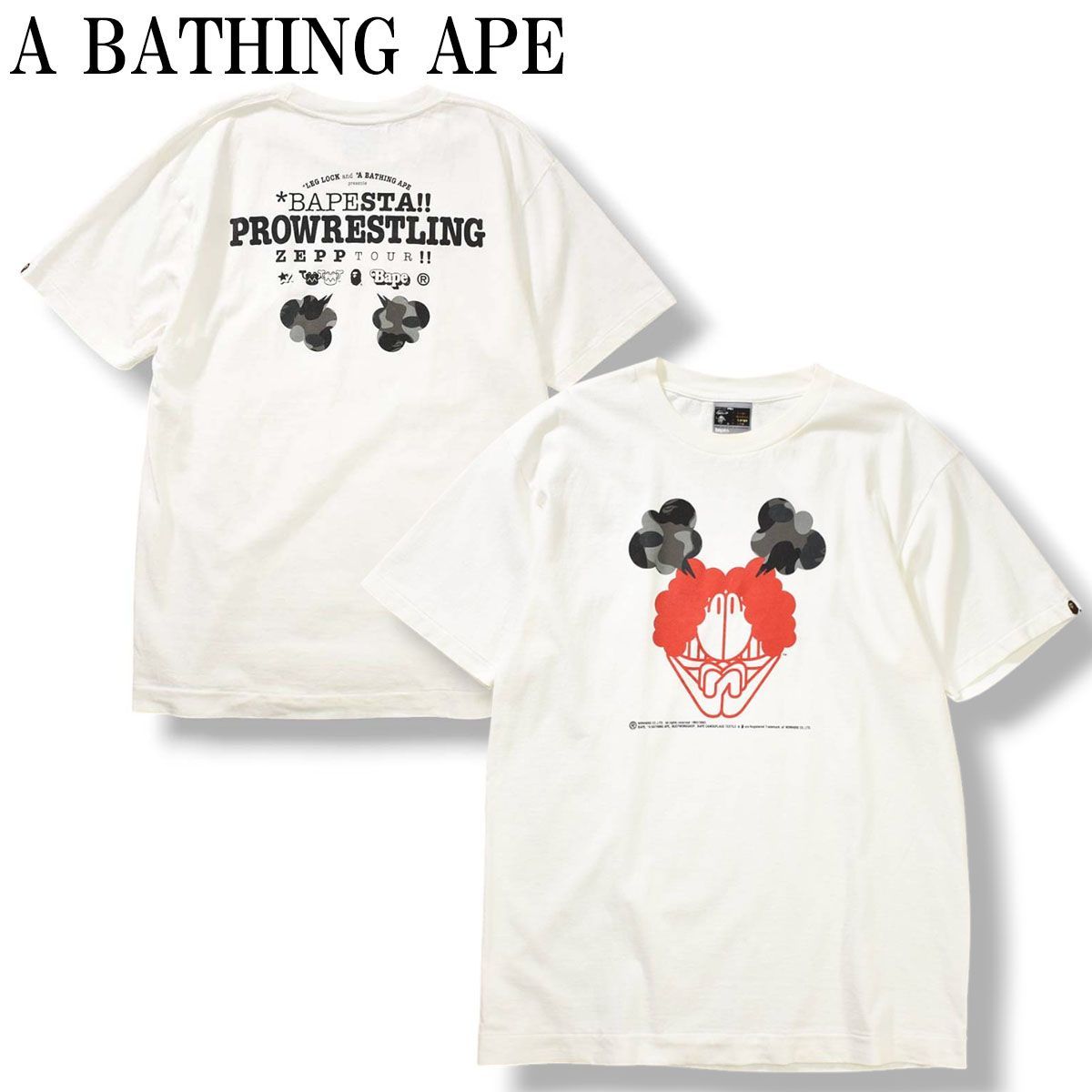 00sヴィンテージ ア ベイシング エイプ A BATHING APE BAPESTA!! PROWRESTLING ZEPP TOUR!! 半袖 プリント Tシャツ シングルステッチ L ホワイト メンズ
