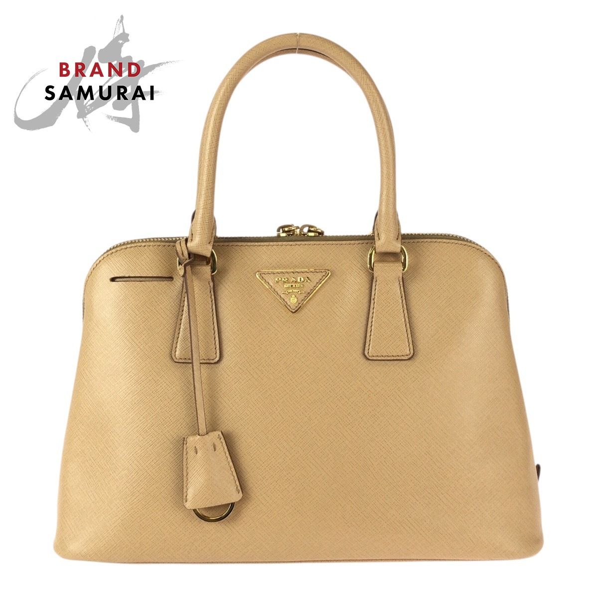 美品 PRADA プラダ サフィアーノ 三角ロゴプレート ベージュ ゴールド金具 レザー トートバッグ ハンドバッグ レディース 600154【中古】