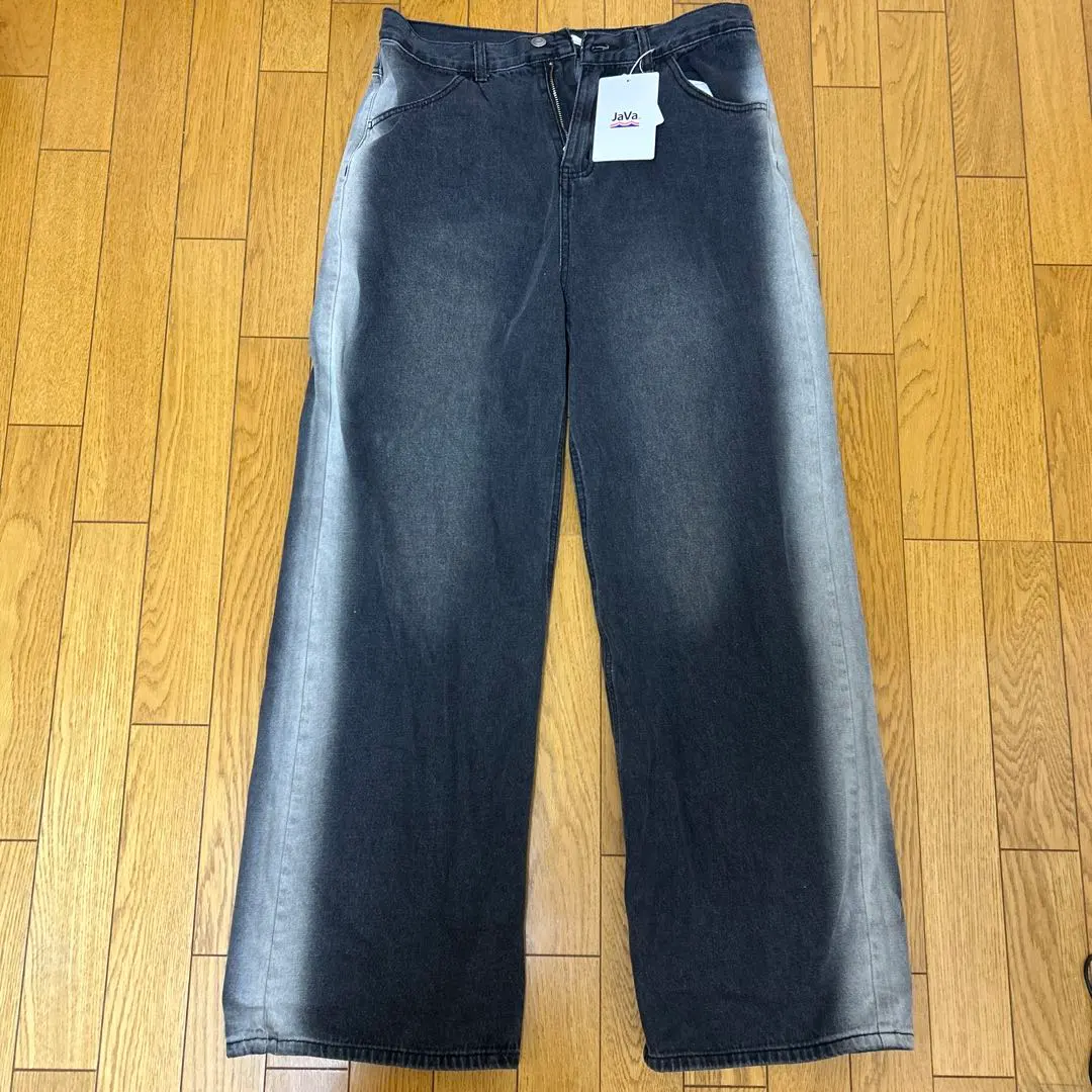 ダークグレー ワイドレッグ デニムパンツ