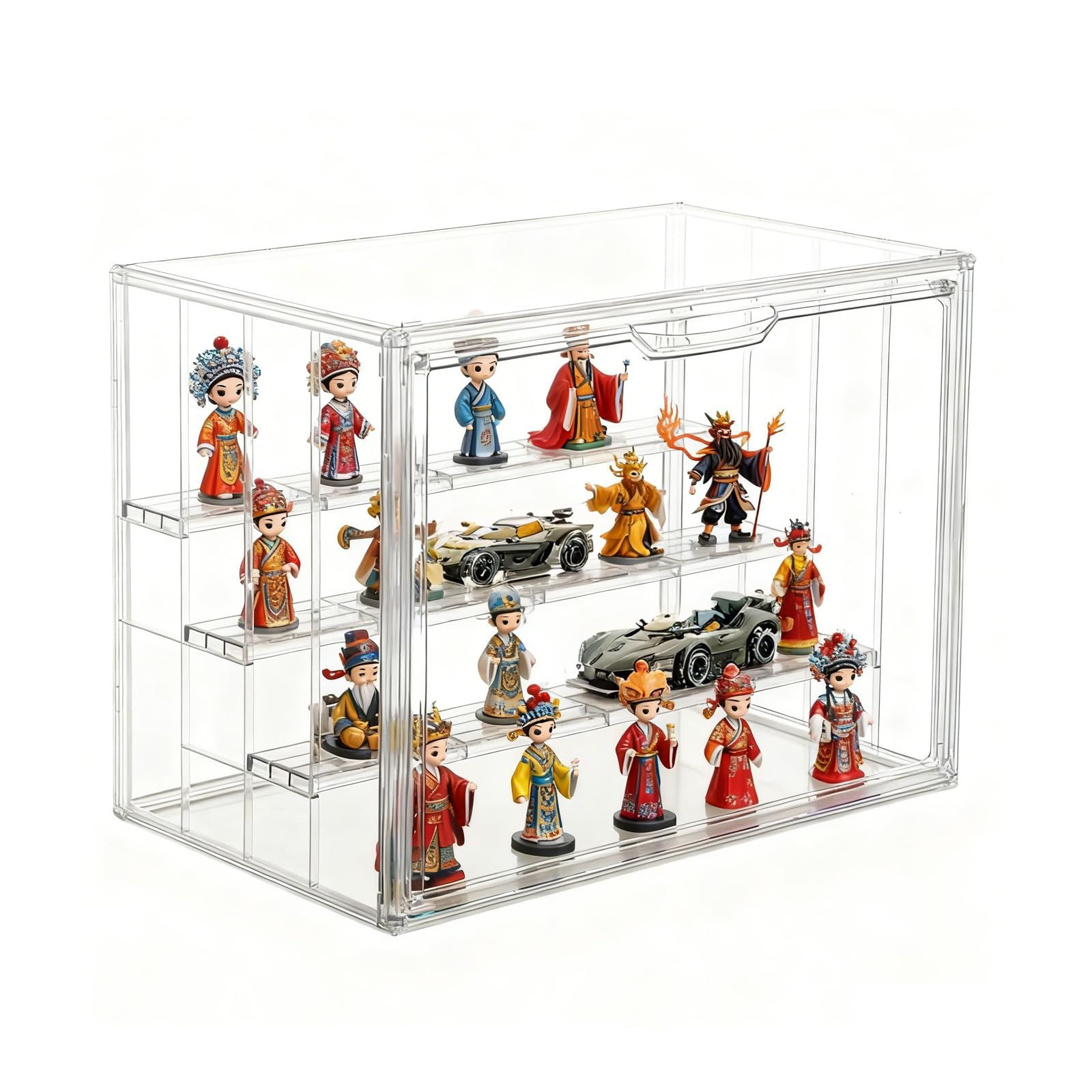 数量限定　透明アクリルフィギュアケース 防塵堅固 磁気ドア 4 段階ディスプレイ 組み立て式 取り外し可能な仕切り板 3 枚付き QISHENG 積み重ね可能 卓上コレクション用 バッジ / フィギュア収納 サイズ 36×22×27cm (とうめい)