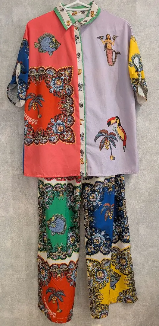 セットアップ パンツ海モチーフ 柄シャツ ゆったり Мサイズ