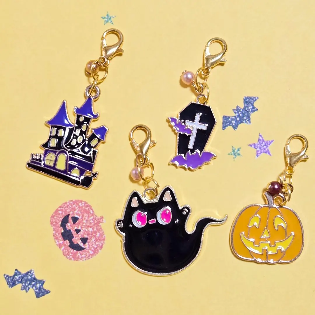 【ハロウィンマスクチャーム】ハンドメイド　ビーズ　カボチャ　猫　お化け　墓　城