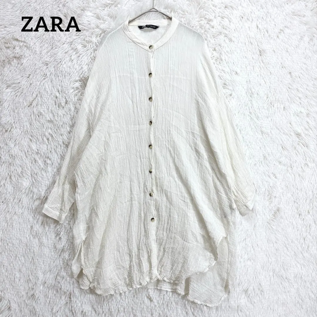 ZARA ブラウス　ホワイト　ロングシャツ　XL 長袖　バンドカラー　綿混