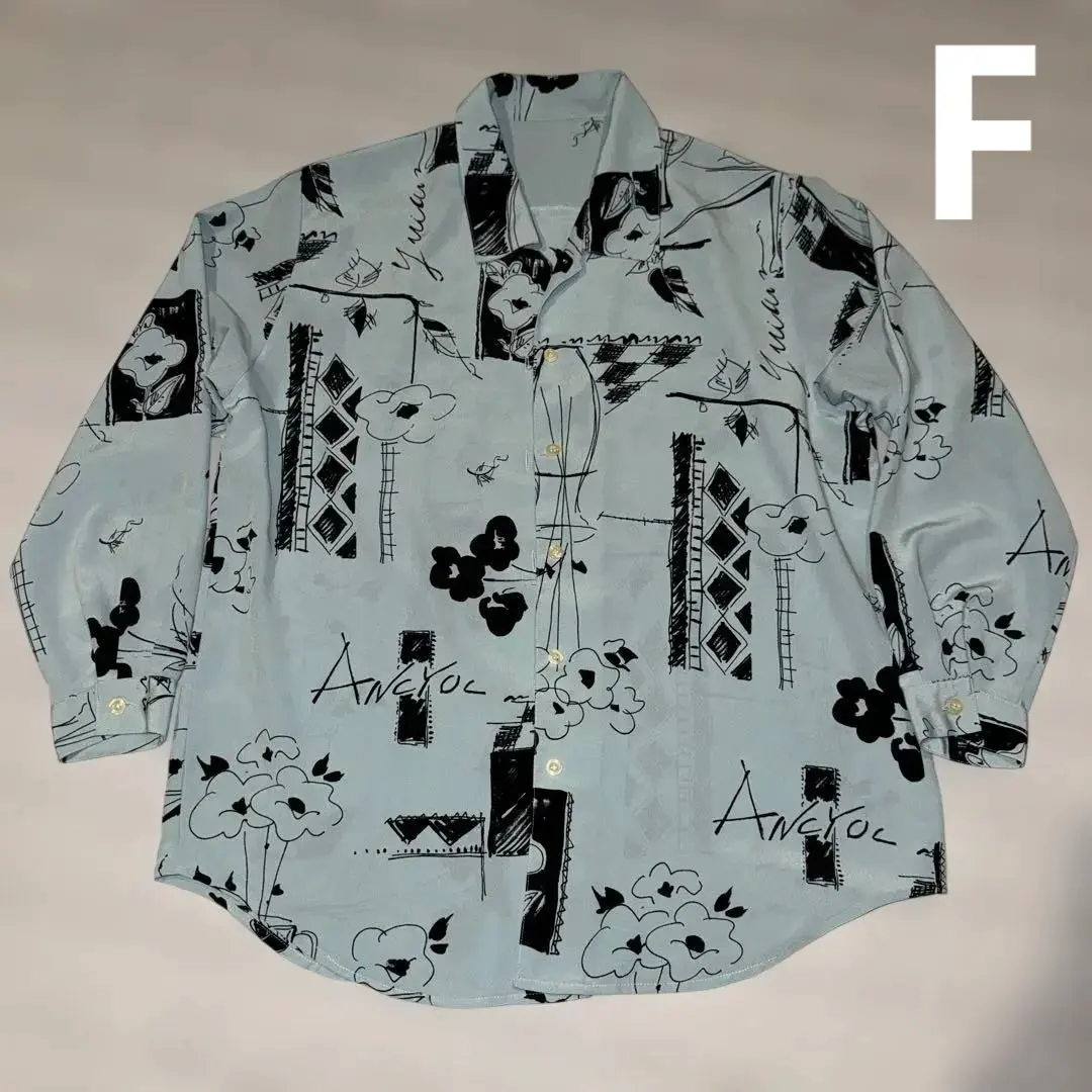 【美品】水色 花柄 長袖シャツ ポリエステル100%
