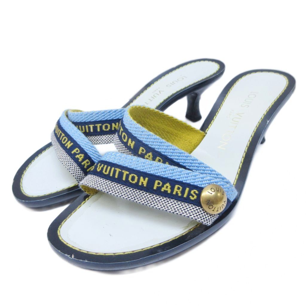 ルイヴィトン LOUIS VUITTON サンダル ロゴ ストラップ キャンバス ヒール 34 1/2 約22cm 青 ブルー 系 IBO65 0204
