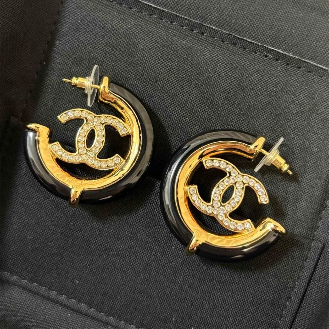 CHANEL ココマーク ピアス フープピアス ブラック×ゴールド