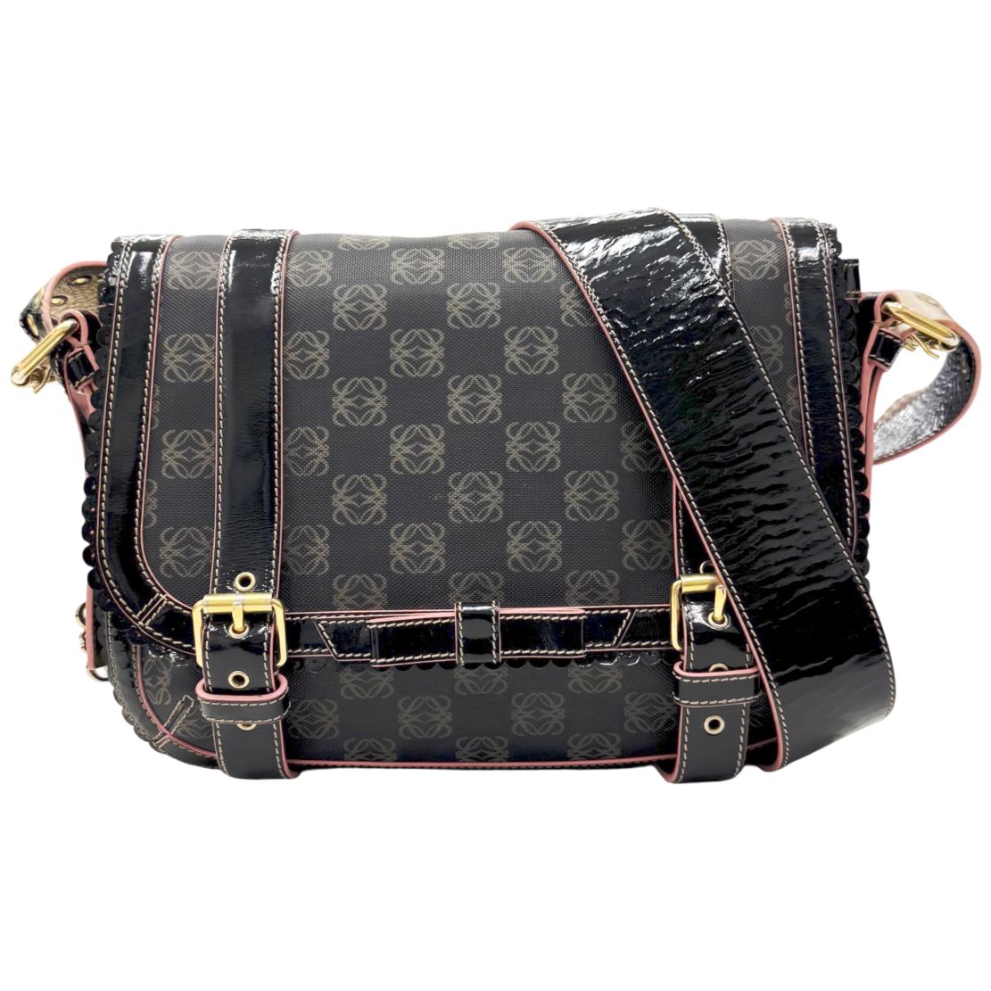 【中古】LOEWE ロエベ ショルダーバッグ メッセンジャーバッグ アナグラム ブラック ピンク グレー PVCコーティングキャンバス パテント レザー レディース 斜め掛け 【ブランドギャラリー心斎橋店】