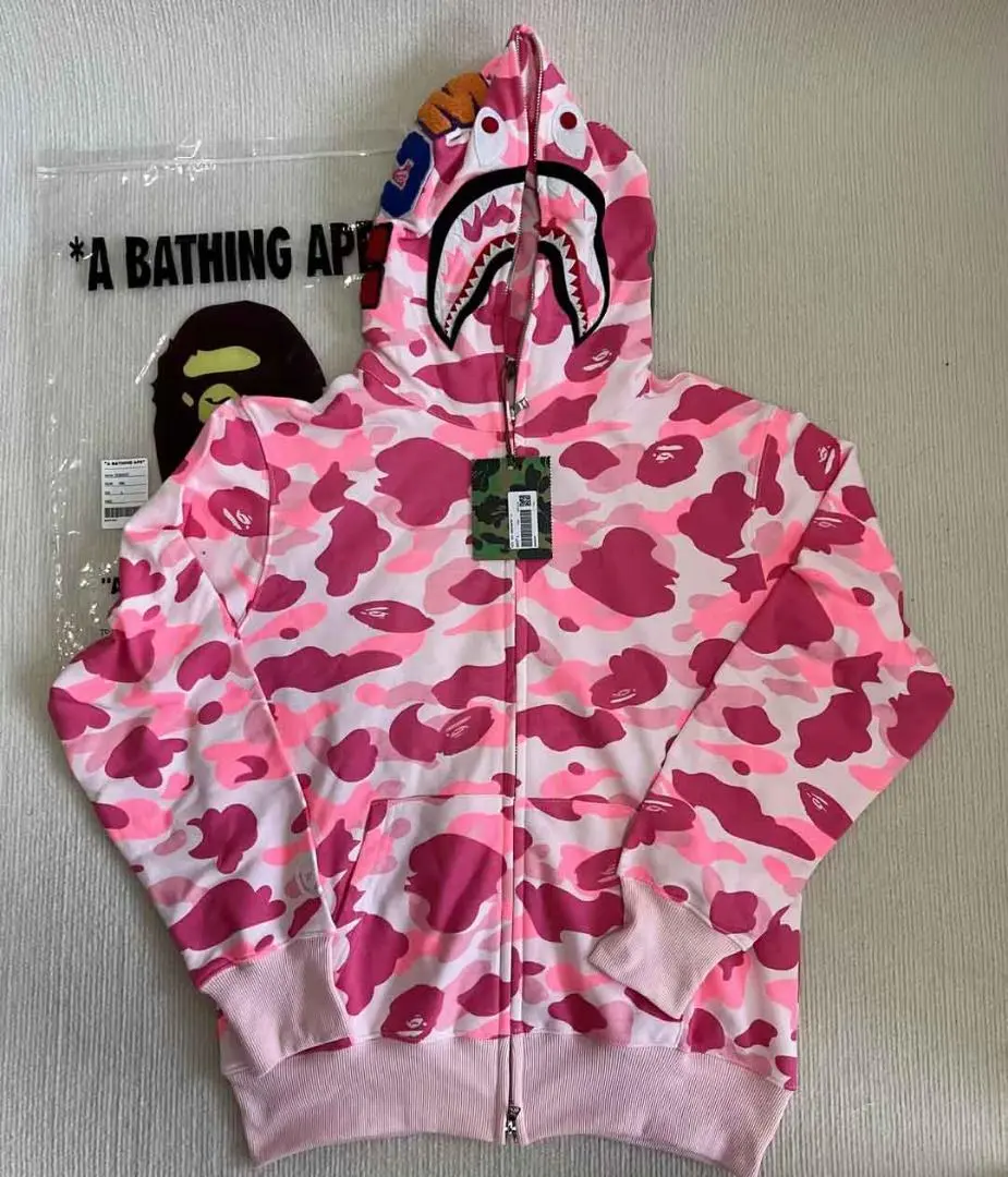 人気 A BATHING APE ピンク迷彩カモフラシャークパーカー L