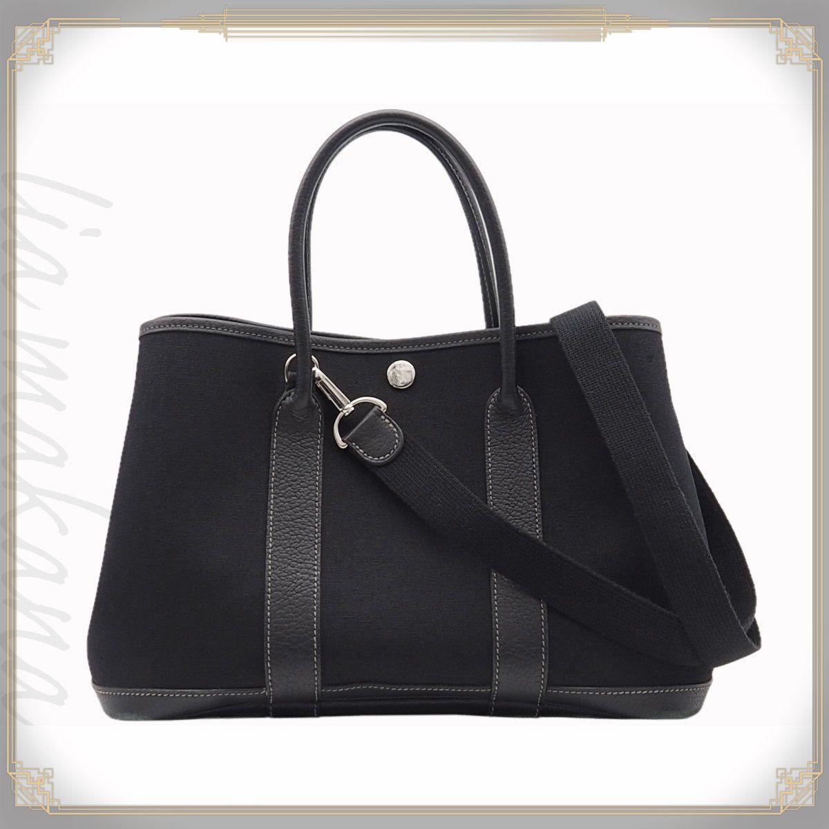【中古】HERMES エルメス ガーデン・パーティ TPM バッグ トートバッグ ショルダーバッグ 斜め掛け 肩掛け 2WAY トワルオフィシエ キャンバス レザー ブラック 黒 シルバー金具 □I刻印 2005年製造