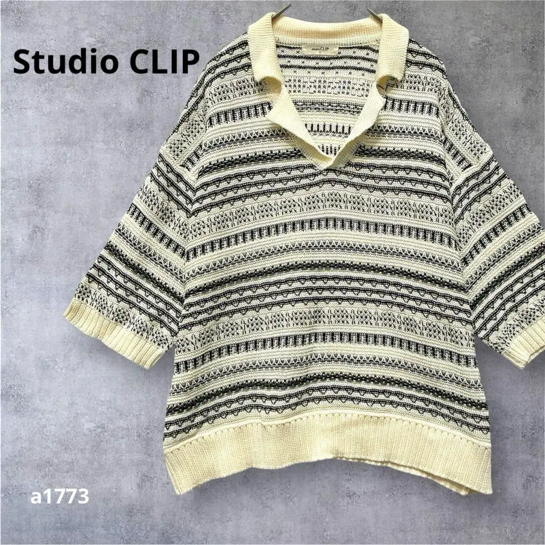 【スタジオクリップ】ポロカラーニット　アイボリー×黒　フェアアイル柄　F