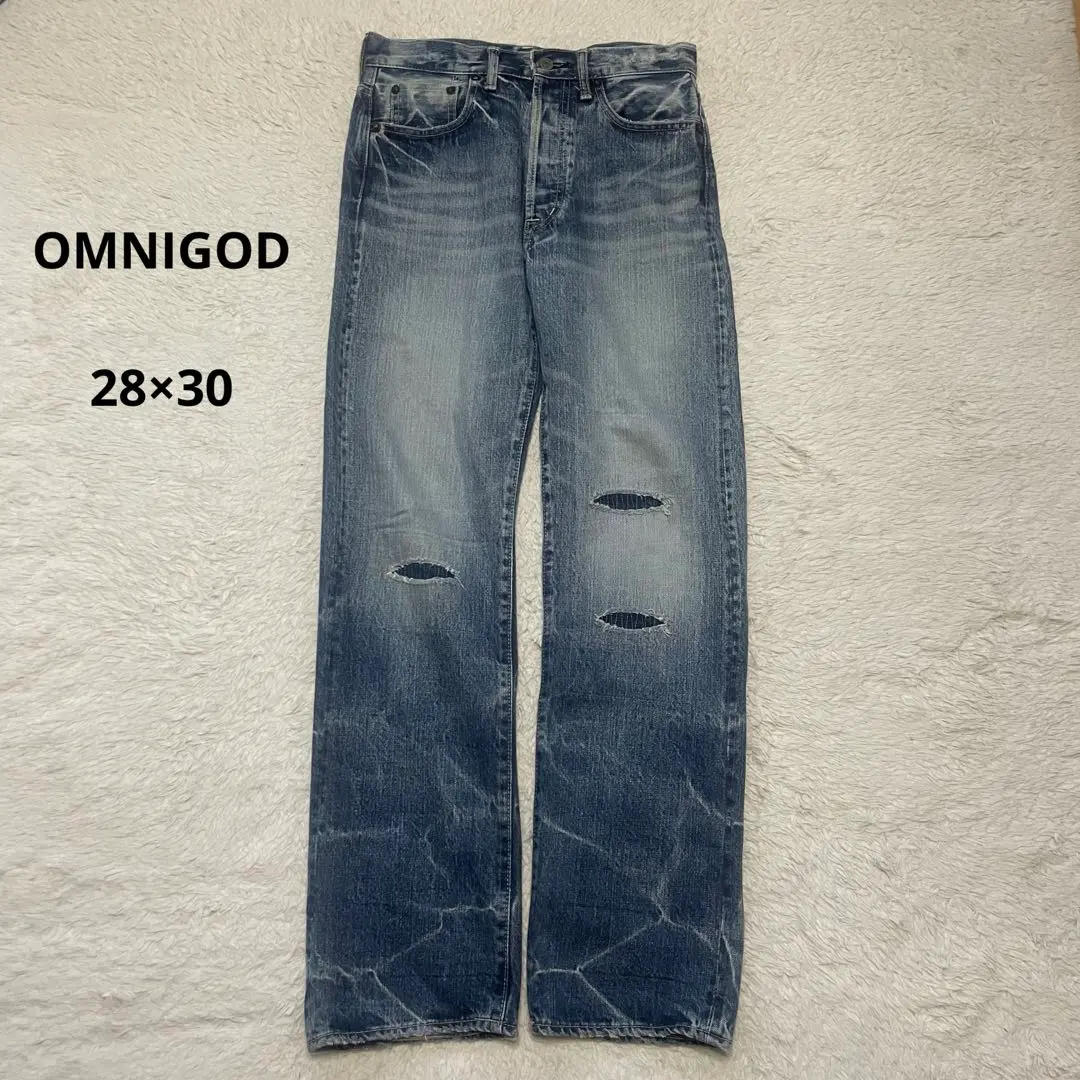 オムニゴッド デニム　ジーンズ　ヴィンテージ セルビッジ ダメージ加工　28