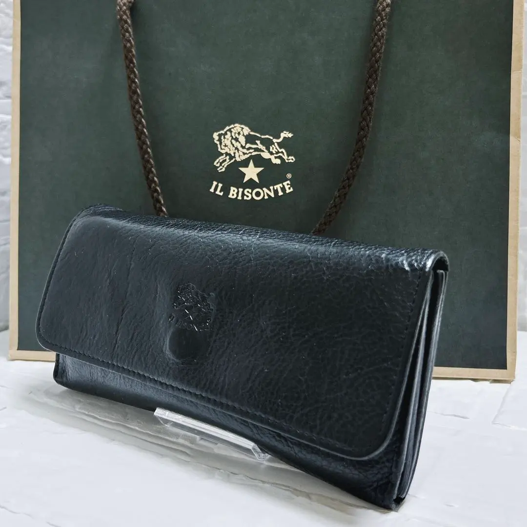 美品 IL BISONTE イルビゾンテ 長財布 黒 フラップ 大容量 レザー