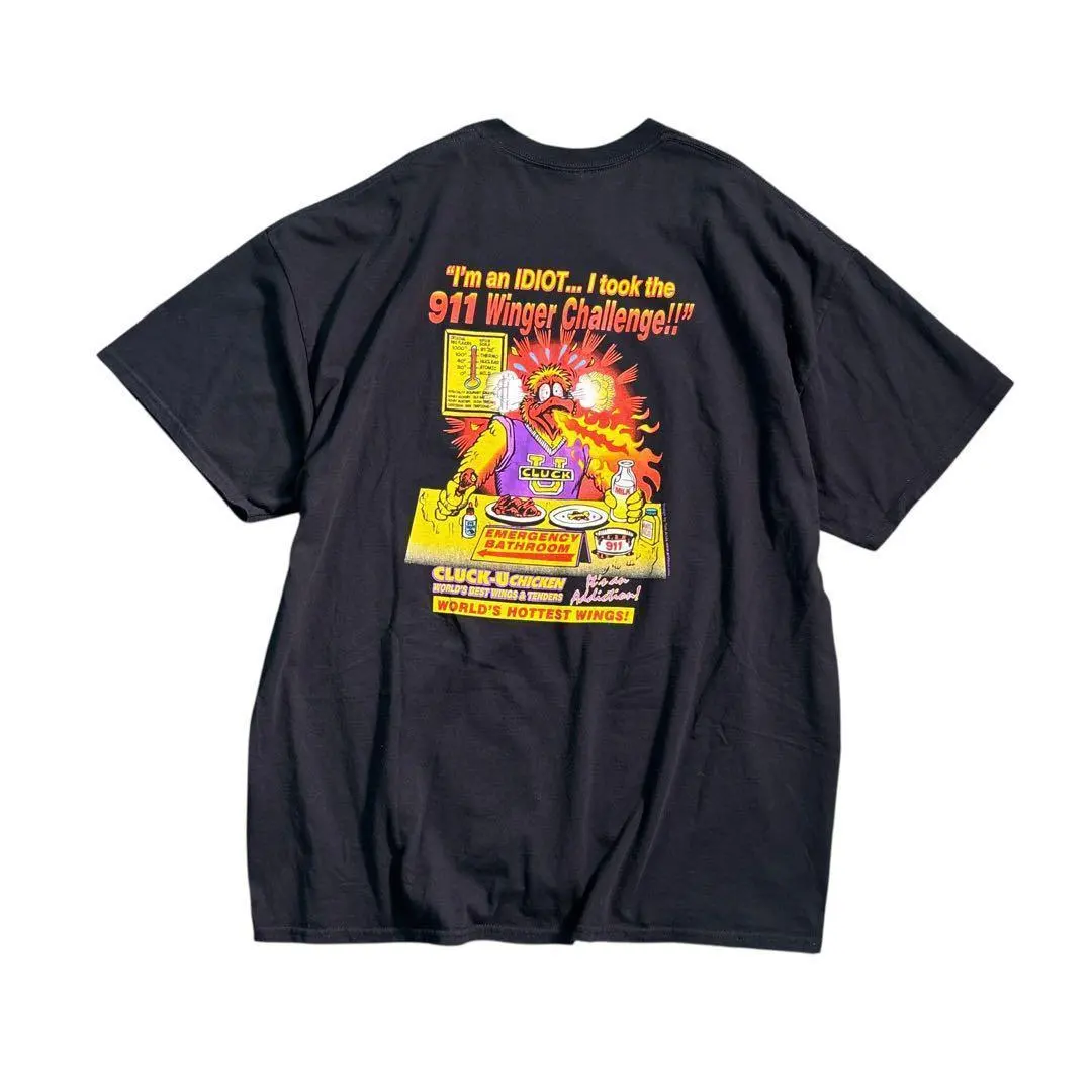 7TSM2【GILDAN】チキン　バックプリント　半袖Tシャツ 黒　古着used