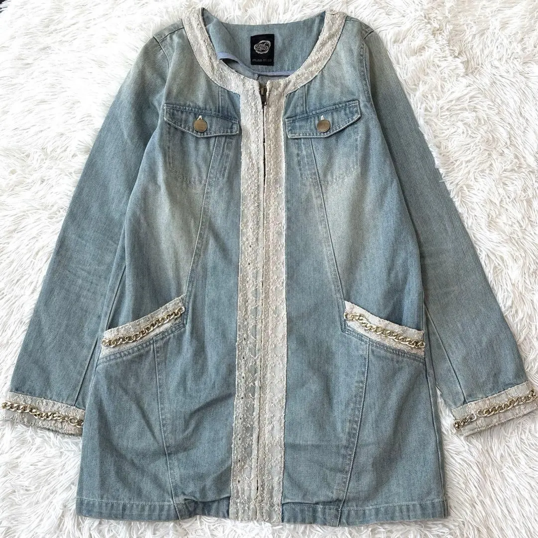 ミューズミューズ　デニムノーカラーコート レース装飾 ブルー フリー　カジュアル