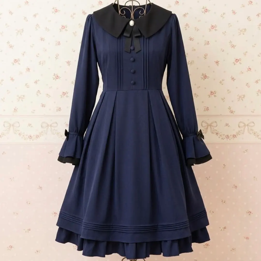 Amavel Flare Graceミドル丈ワンピース ネイビー
