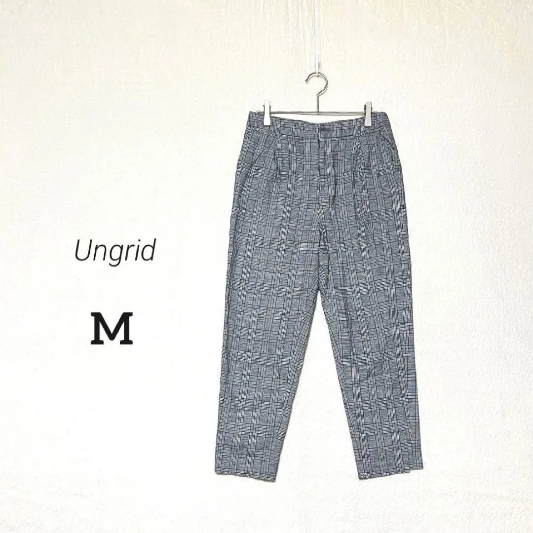 【Ungrid】訳あり美品☘️リネン混 チェック柄 テーパードパンツ 大人きれいめ