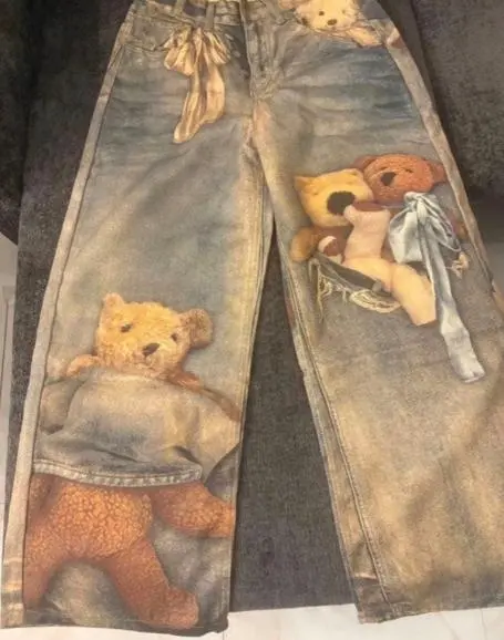 テディベア プリント デニムパンツ