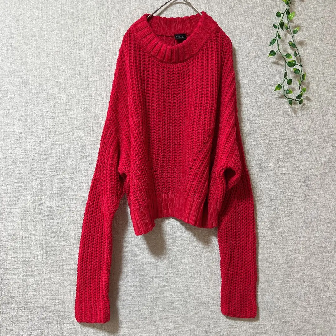赤 【M】オーバーサイズ ケーブルニット セーター 綿ニット ざっくりレディース