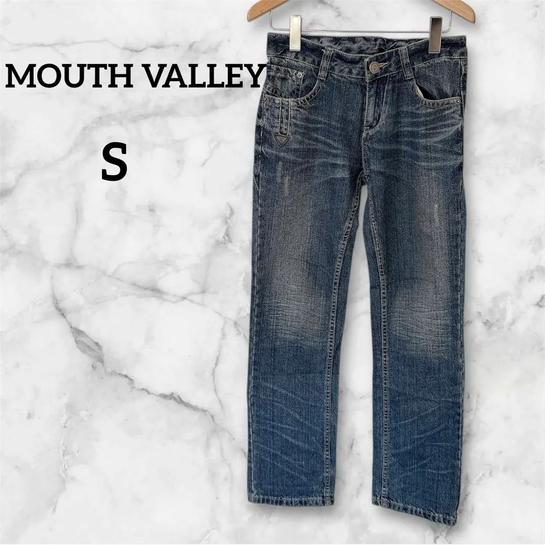 【美シルエット】MOUTH VALLEY デザインデニムパンツ S 濃紺ヒゲ加工