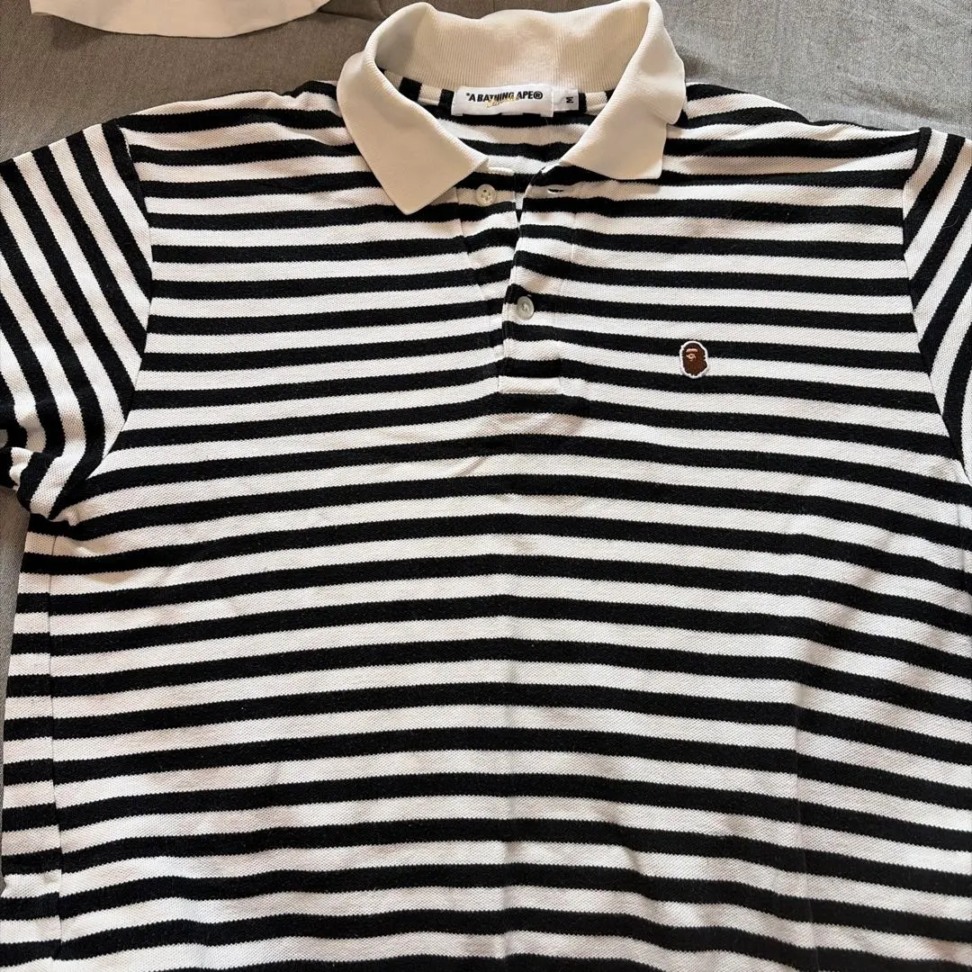 90s'A BATHING APE ボーダー ポロシャツ ブラック ホワイト M