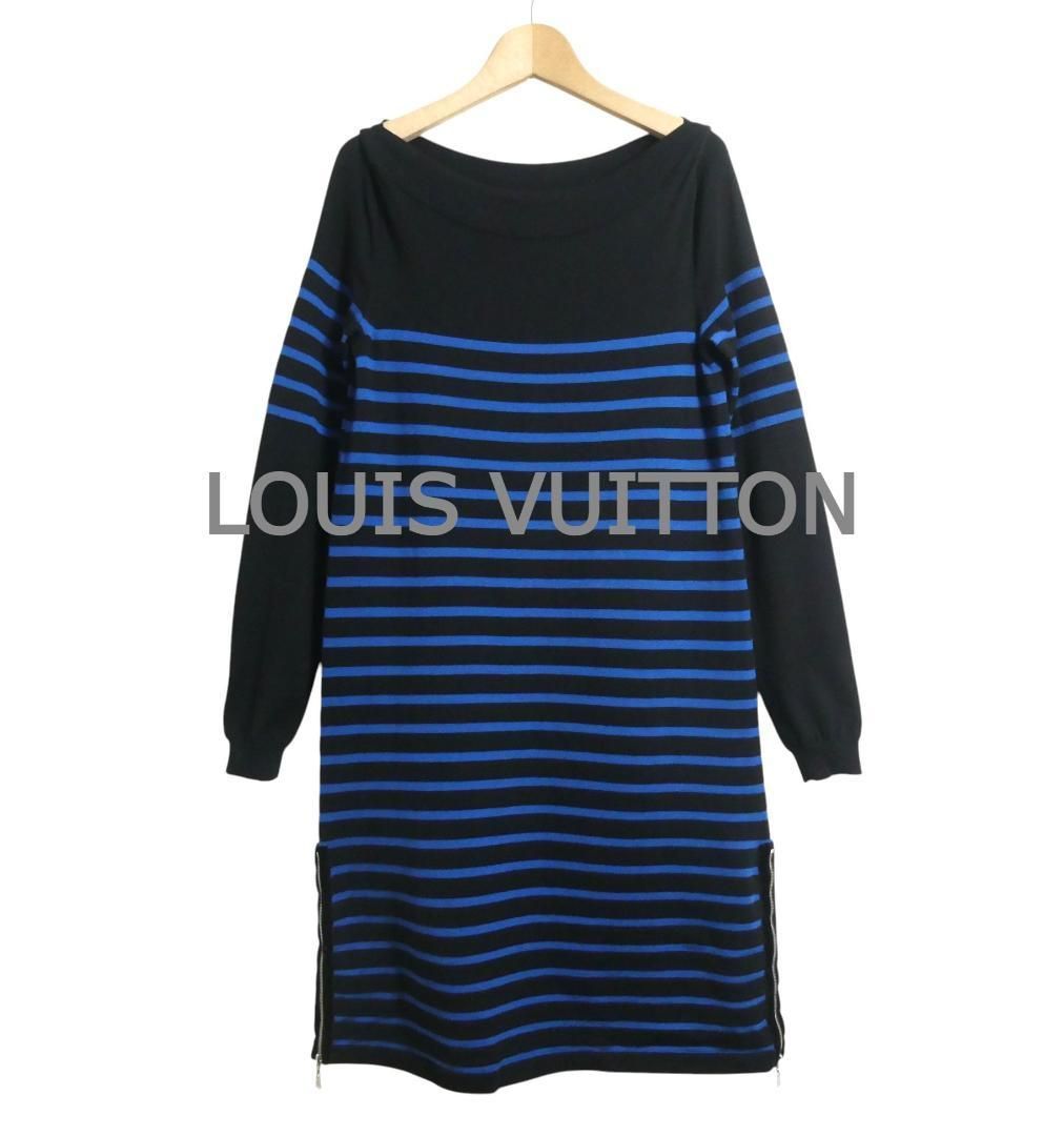 美品 LOUIS VUITTON ルイヴィトン サイズS ウール ボーダー柄 裾ジップ 膝丈 ボートネック 長袖 ニット ワンピース ブルー×ブラック レディース