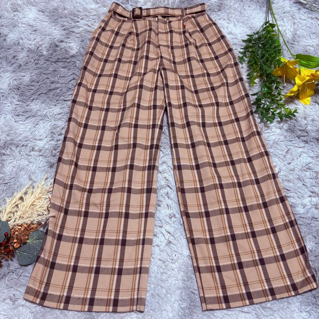 COLZA ブラウンチェック ワイドパンツ ベルト付き ハイウエスト　L