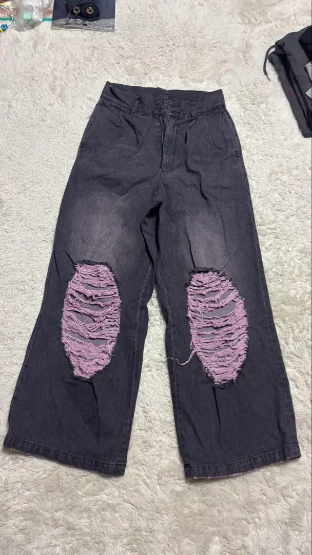 ダメージ加工 ダークグレー ワイドレッグデニムパンツ　archive
