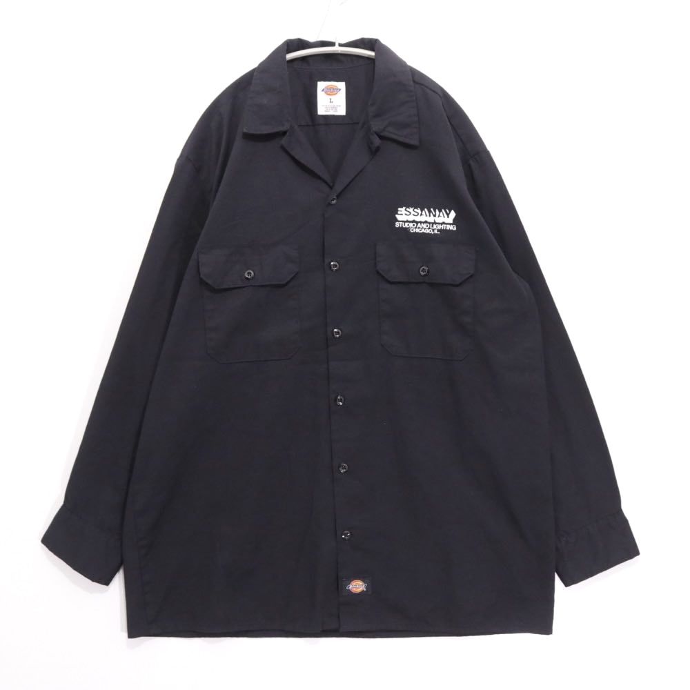 【中古B】メンズ L ディッキーズ Dickies エッセネイ スタジオ 刺繍 長袖 オープンカラー シャツ ワークシャツ 開襟 L/S Shirt ブラック 黒