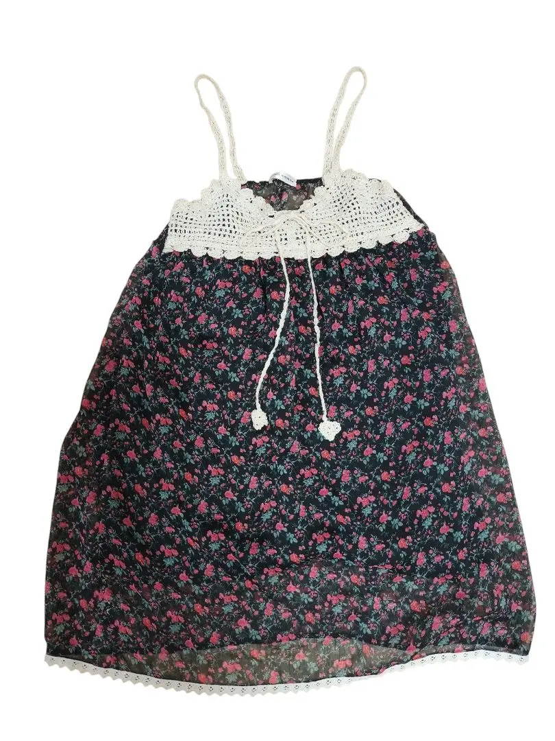 森ガール 花柄 キャミソール ブラック フリル リボン