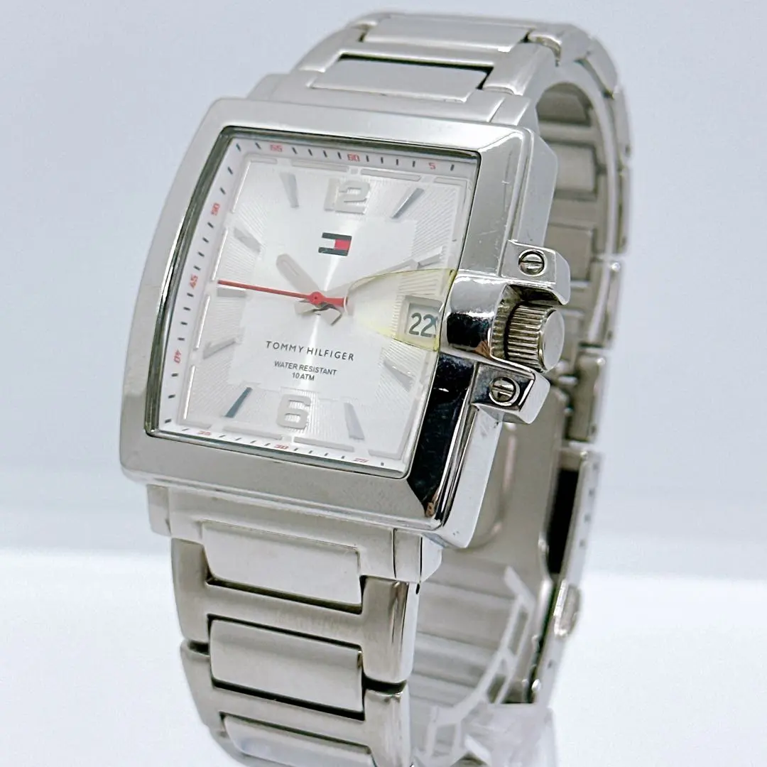 トミーヒルフィガー メンズ腕時計 スクエア デイト シルバー 新品電池 動作良好