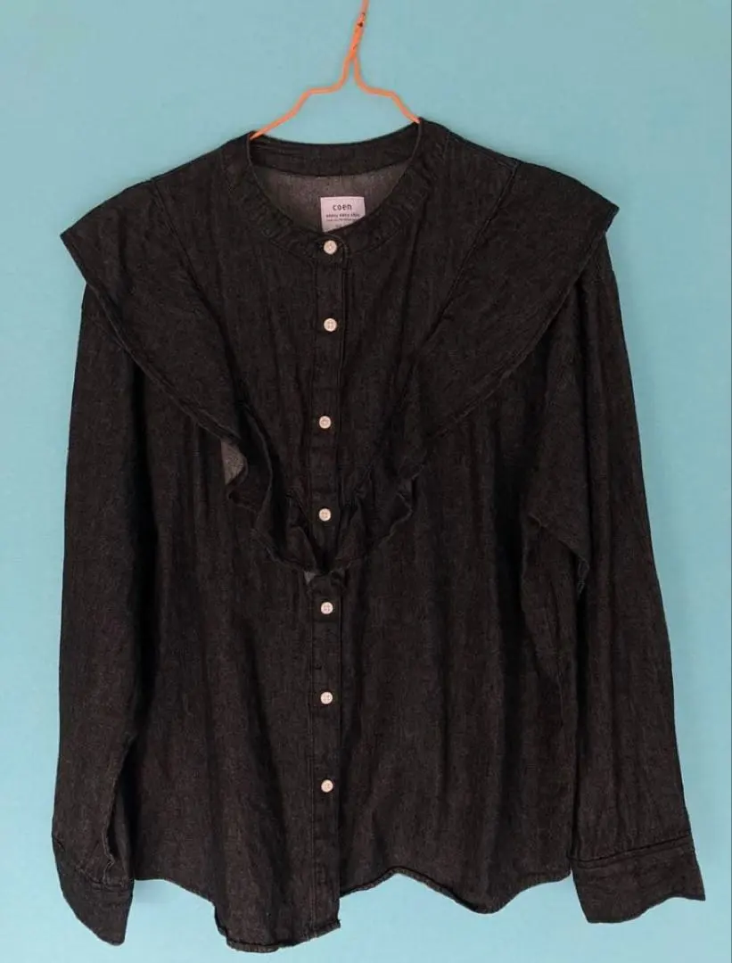 coen コーエン　フリルデニムシャツブラウス　L