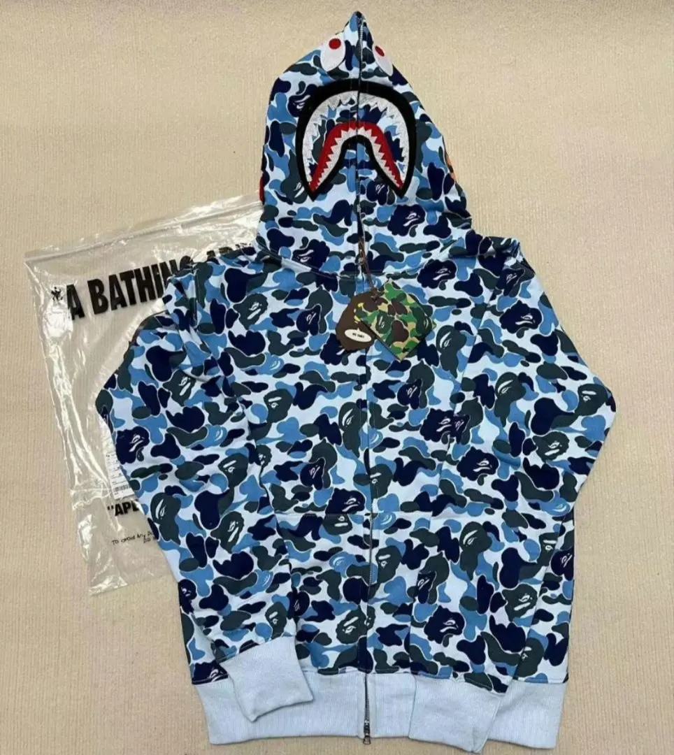 美品 A BATHING APE 迷彩ライトブルー カモフラシャークパーカー L