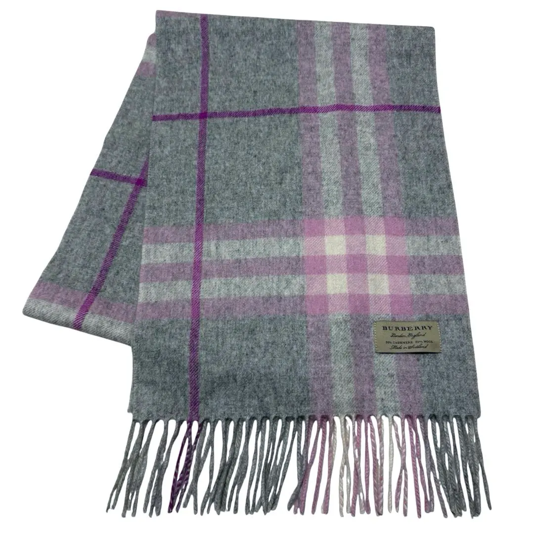 美品 BURBERRY カシミヤ混 マフラー ノバチェック グレー ピンク
